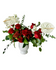 8 roses, 2 anthuriums, stocks, hypericum, and eucalyptus foliage.
Ceramic base.